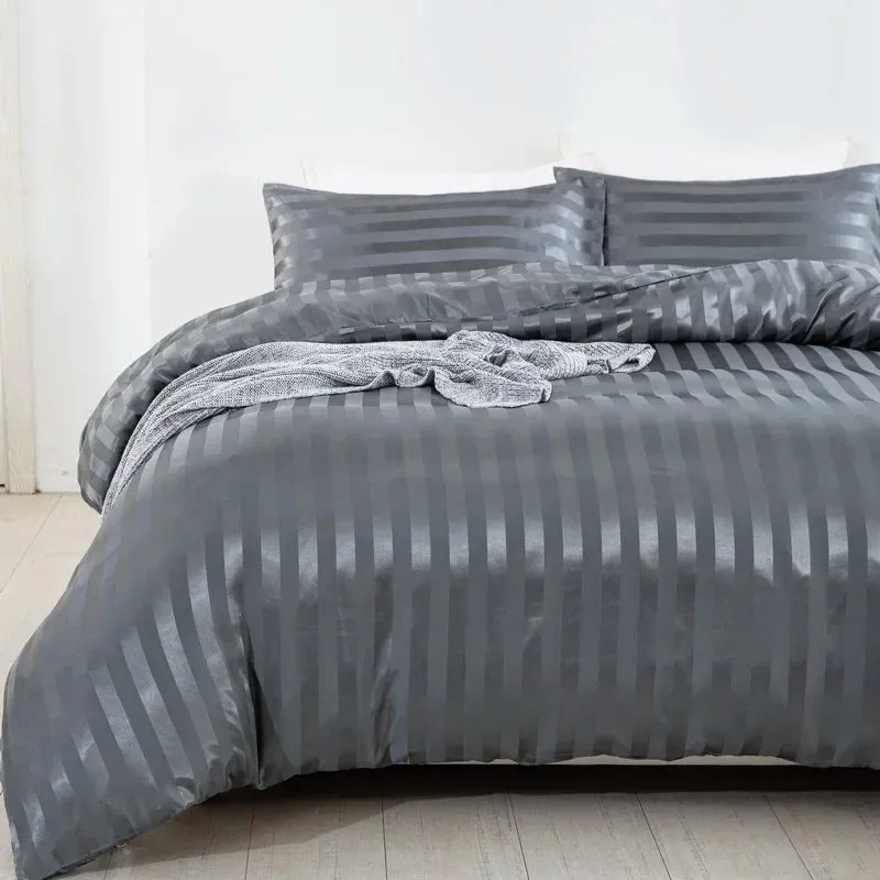 Luxury Satin Striped Duvet Cover Set with Zipper Closure & Pillow Cases