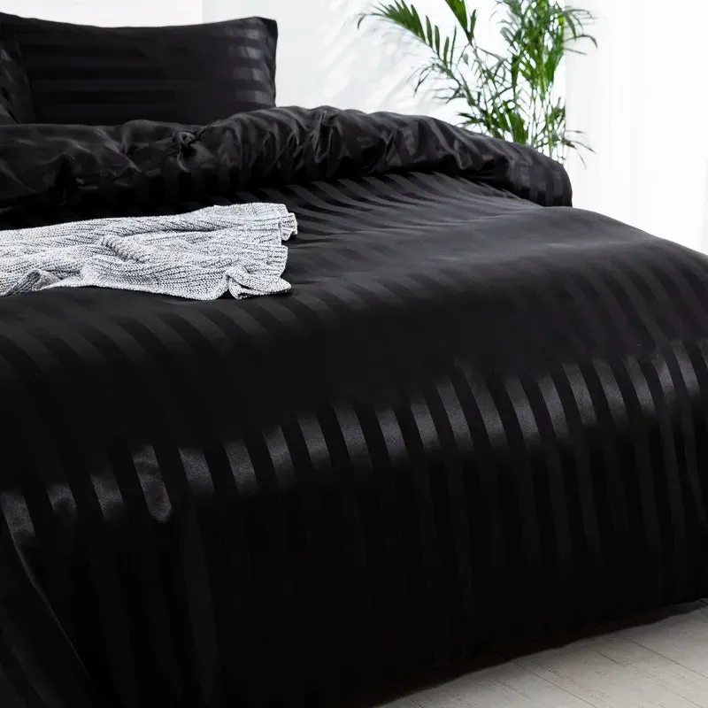 Luxury Satin Striped Duvet Cover Set with Zipper Closure & Pillow Cases