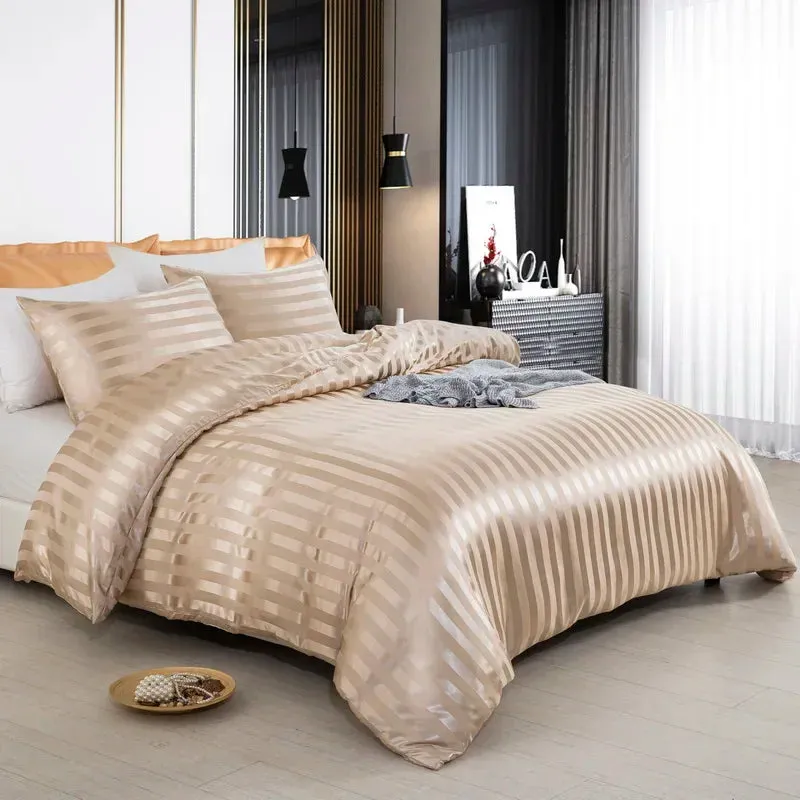 Luxury Satin Striped Duvet Cover Set with Zipper Closure & Pillow Cases