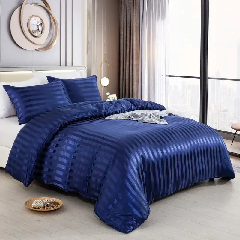 Luxury Satin Striped Duvet Cover Set with Zipper Closure & Pillow Cases