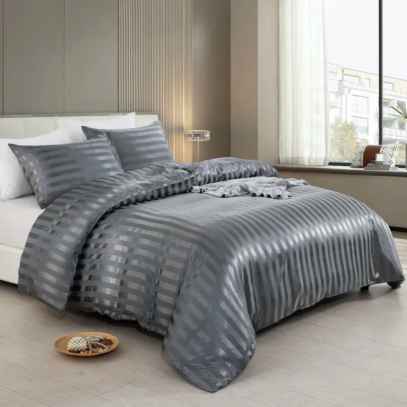 Luxury Satin Striped Duvet Cover Set with Zipper Closure & Pillow Cases