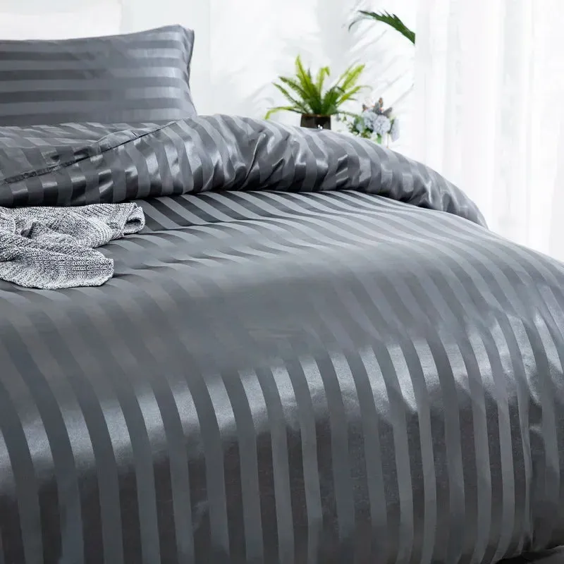 Luxury Satin Striped Duvet Cover Set with Zipper Closure & Pillow Cases