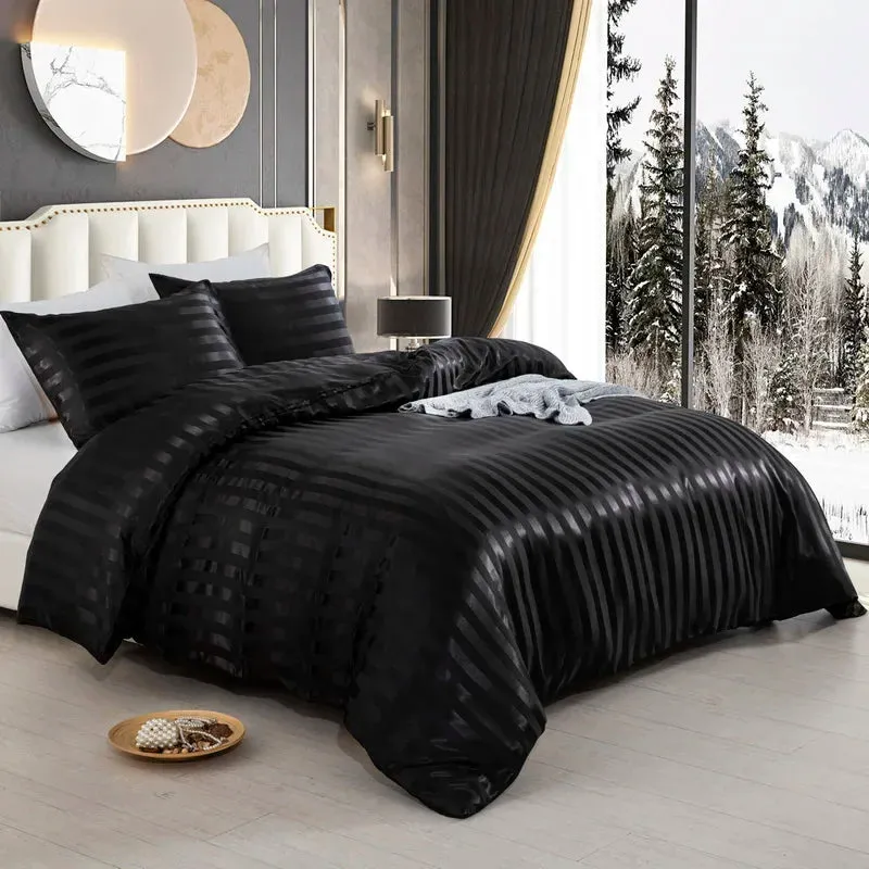 Luxury Satin Striped Duvet Cover Set with Zipper Closure & Pillow Cases