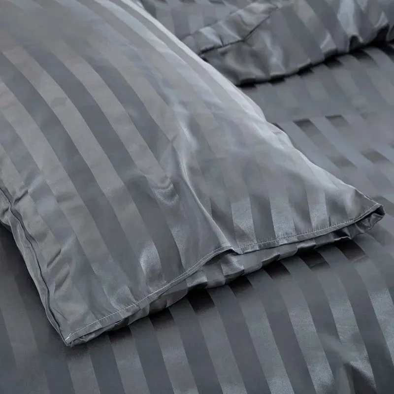 Luxury Satin Striped Duvet Cover Set with Zipper Closure & Pillow Cases