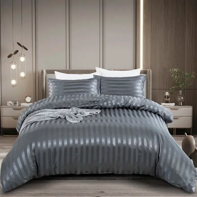 Luxury Satin Striped Duvet Cover Set with Zipper Closure & Pillow Cases