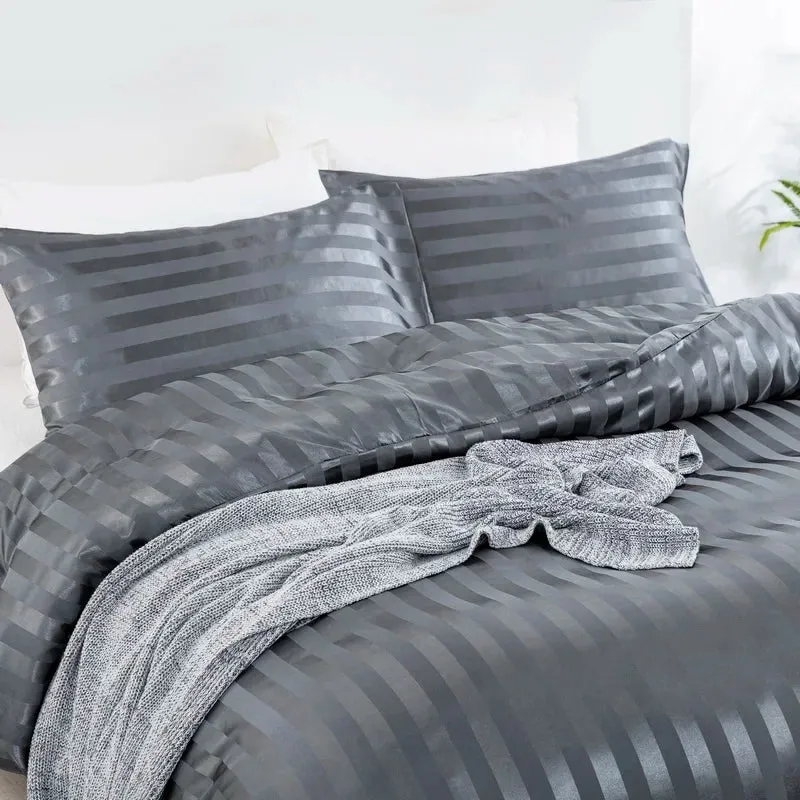 Luxury Satin Striped Duvet Cover Set with Zipper Closure & Pillow Cases