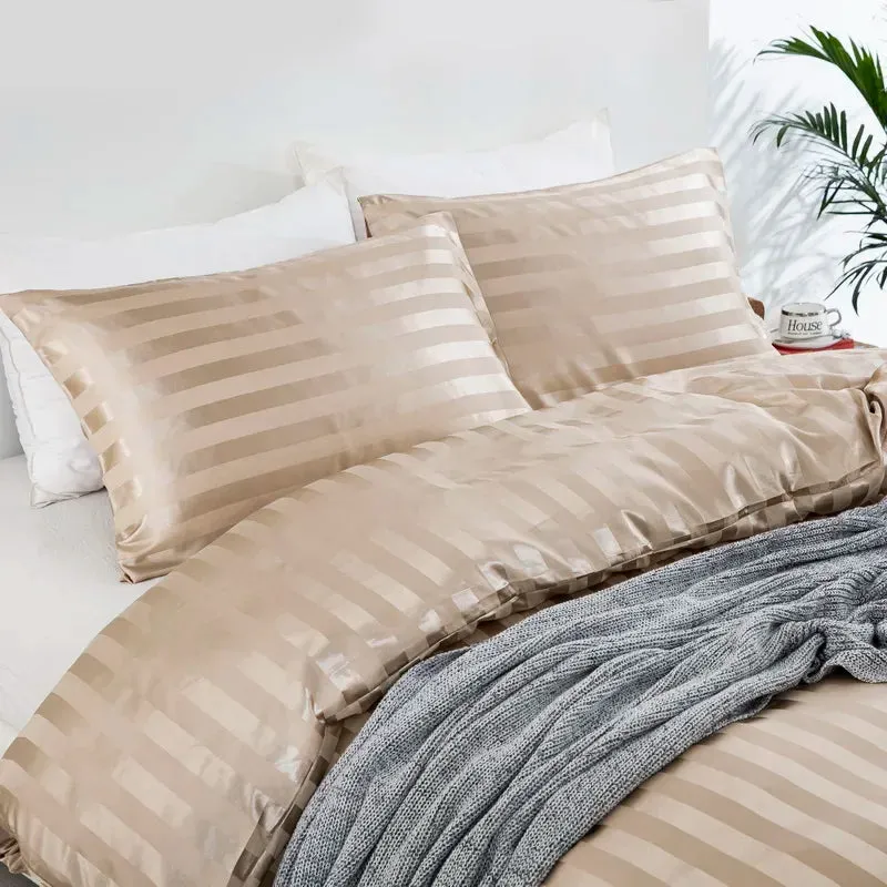 Luxury Satin Striped Duvet Cover Set with Zipper Closure & Pillow Cases