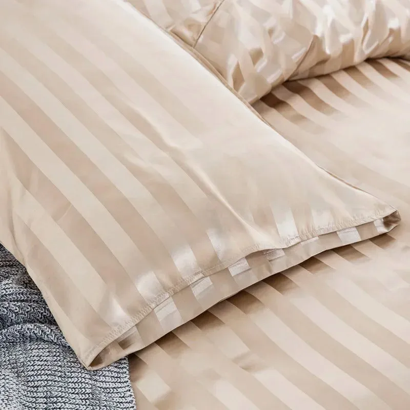 Luxury Satin Striped Duvet Cover Set with Zipper Closure & Pillow Cases