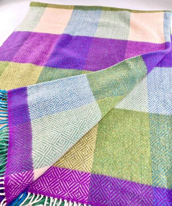 Merino and Cashmere Throw - Purple, Green, Olive Large Blocks - John Hanly