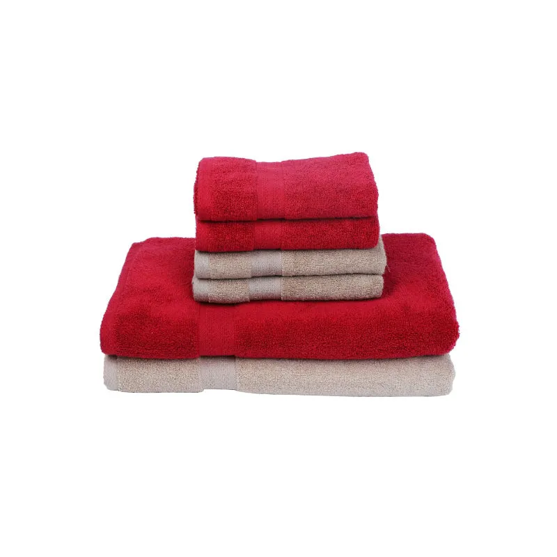 Miorah Hand & Face Towel Combo (Beige & Red) - Six Piece Set