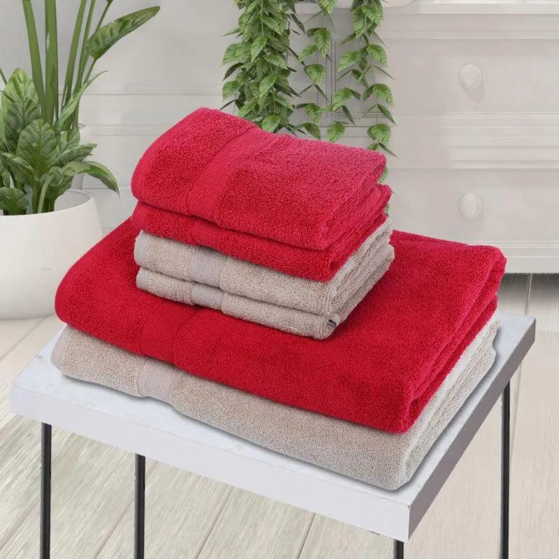 Miorah Hand & Face Towel Combo (Beige & Red) - Six Piece Set