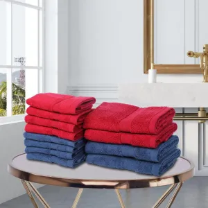 Miorah Hand & Face Towel Combo (Red & Blue) - Set Of Twelve