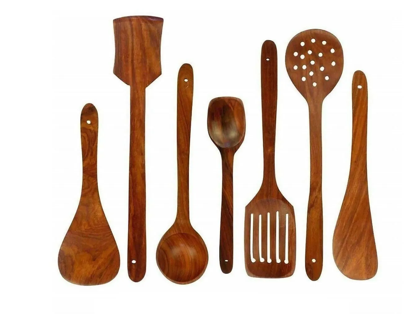 Multispace Durable Wooden Cooking Utensils Set (7 PCS) - Natural Teak Spoons for Non-Stick Pans