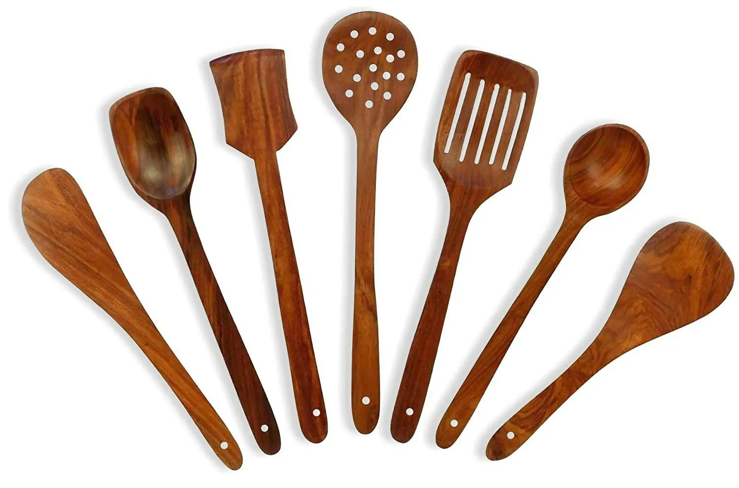 Multispace Durable Wooden Cooking Utensils Set (7 PCS) - Natural Teak Spoons for Non-Stick Pans