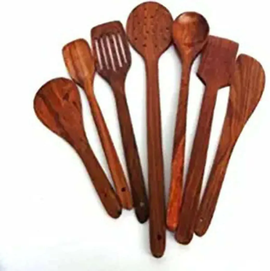 Multispace Durable Wooden Cooking Utensils Set (7 PCS) - Natural Teak Spoons for Non-Stick Pans