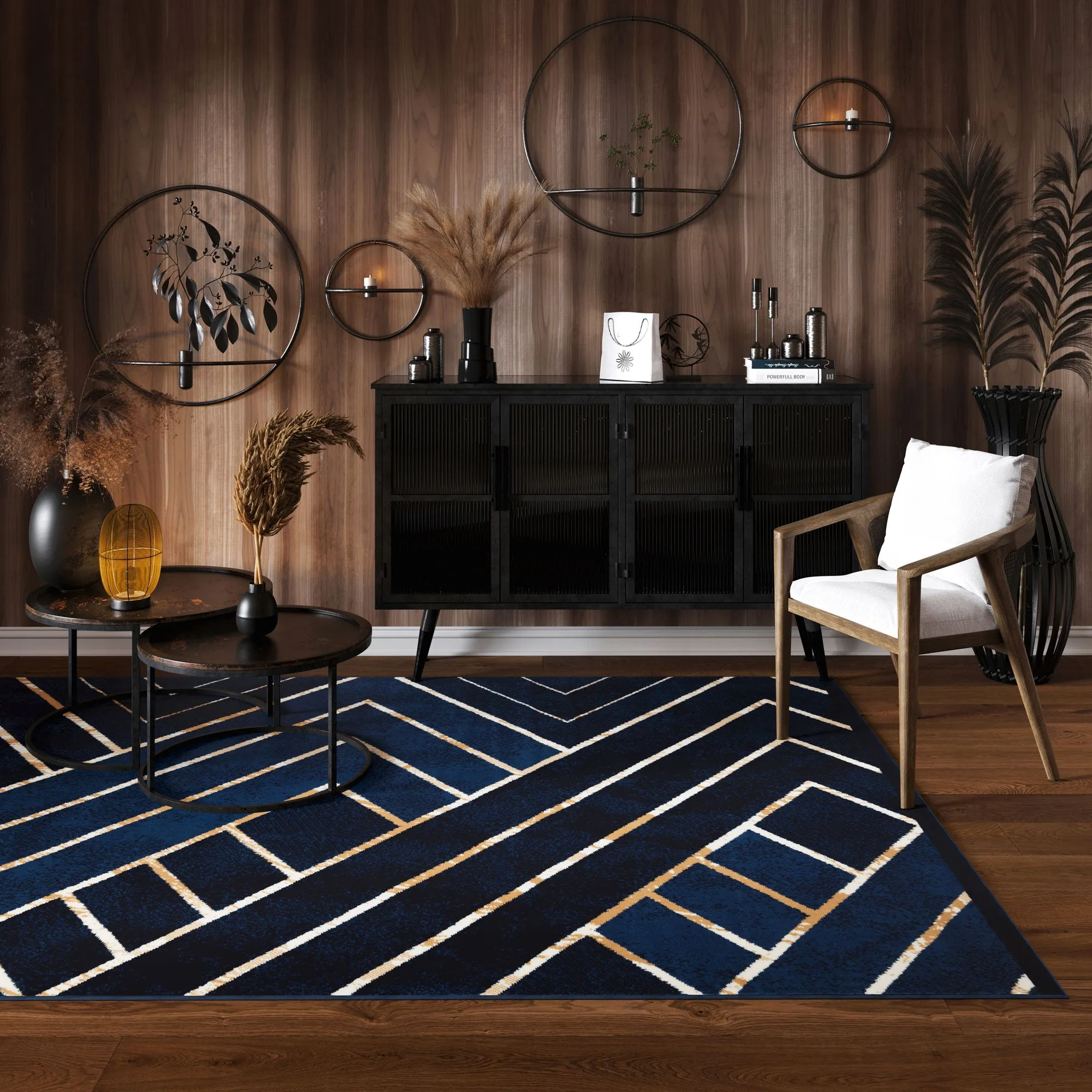 Navy Gold Art Deco Contempary Area Rug