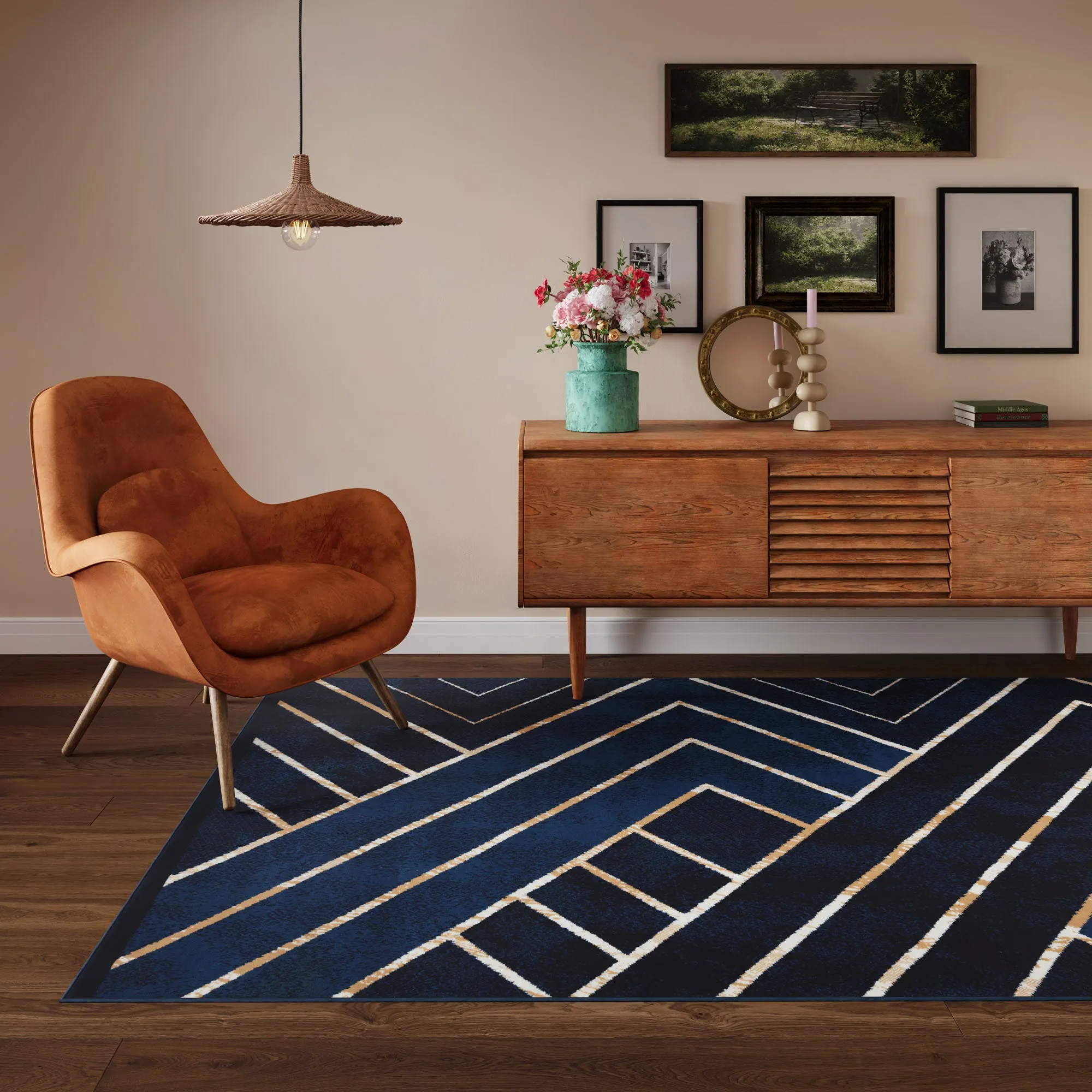 Navy Gold Art Deco Contempary Area Rug