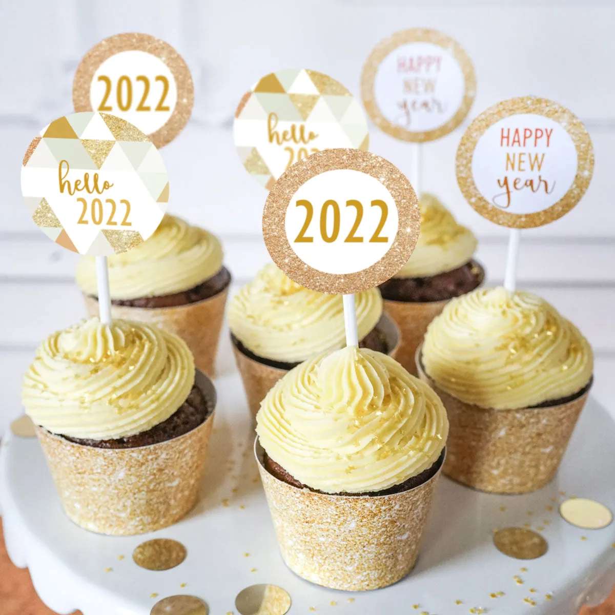 New Years Eve Cupcake Wrappers and Toppers | Geometric Prism Metallic Glitter