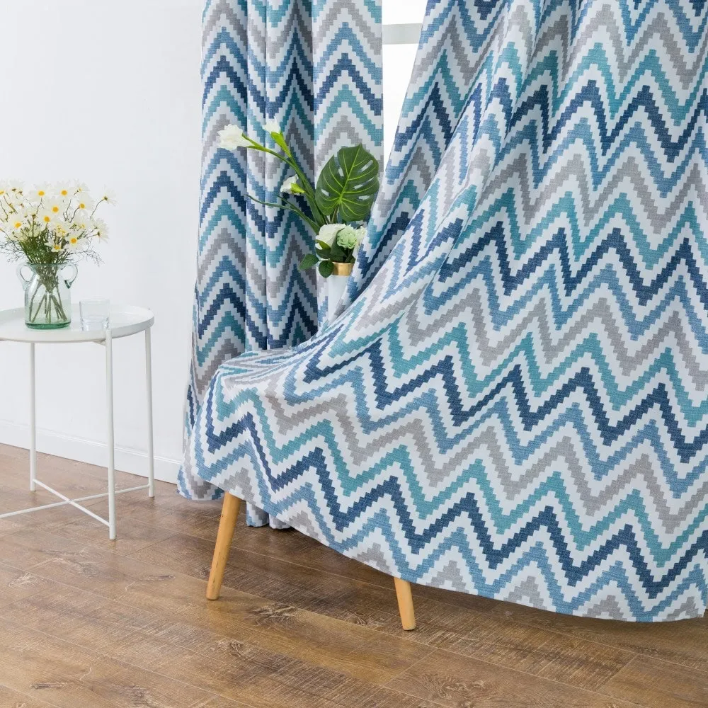 Nordic Geometric Chevron Eyelet Curtains - (Blue)