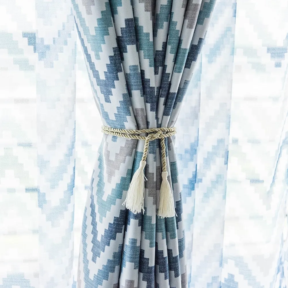 Nordic Geometric Chevron Eyelet Curtains - (Blue)