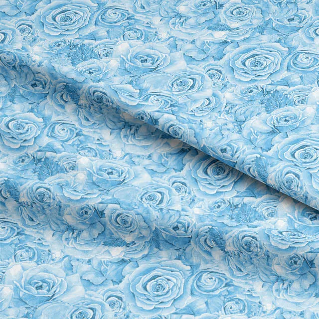 Roses Bouquet Cotton Curtain Fabric - Blue