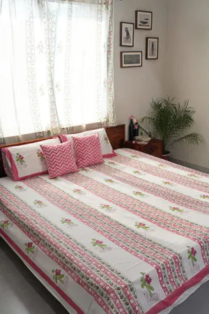 Serene Swan Lotus Hand Block Printed Cotton Percale Bedsheet