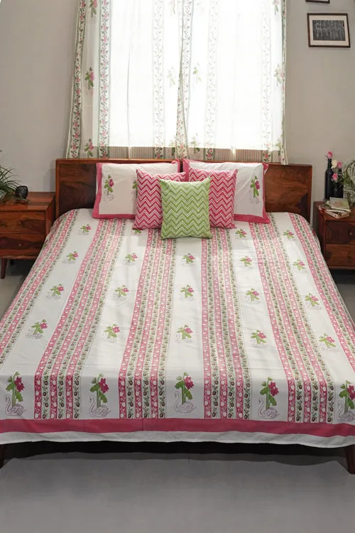 Serene Swan Lotus Hand Block Printed Cotton Percale Bedsheet