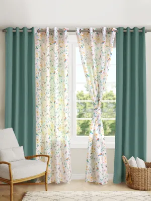 Set Of 4 Fauna Printed With Green Plain 7Ft. Curtains