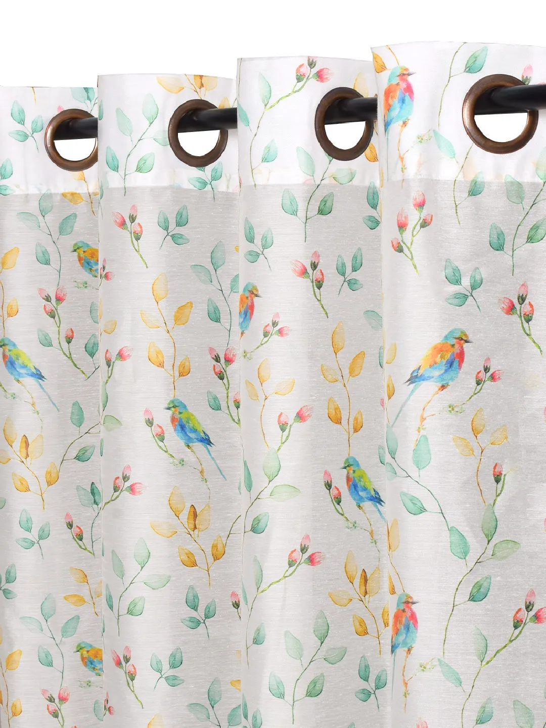 Set Of 4 Fauna Printed With Green Plain 7Ft. Curtains