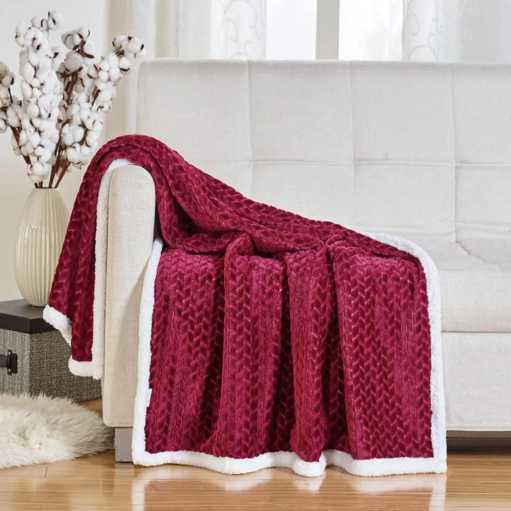 Soft Braided and Comfortable Plush All Season Sherpa 50" X 60" Throw Blanket, Burgundy