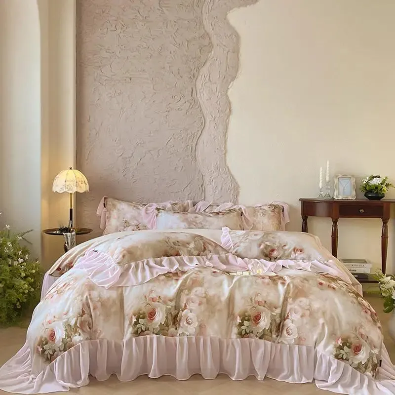 Trend4us Floral Watercolor Ruffled Bedding Set with Soft Pastel Tones