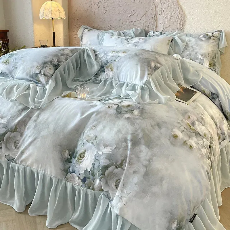 Trend4us Floral Watercolor Ruffled Bedding Set with Soft Pastel Tones