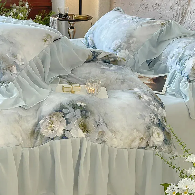 Trend4us Floral Watercolor Ruffled Bedding Set with Soft Pastel Tones