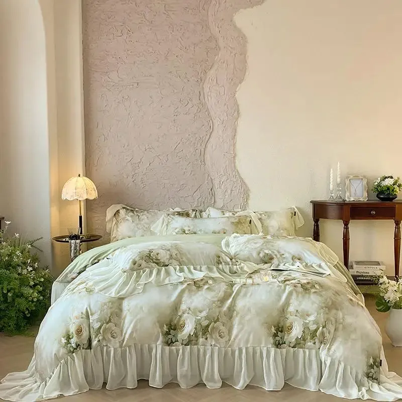 Trend4us Floral Watercolor Ruffled Bedding Set with Soft Pastel Tones