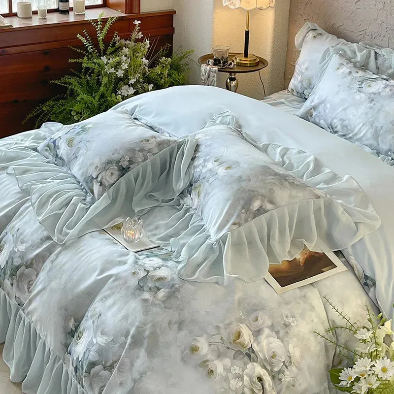 Trend4us Floral Watercolor Ruffled Bedding Set with Soft Pastel Tones