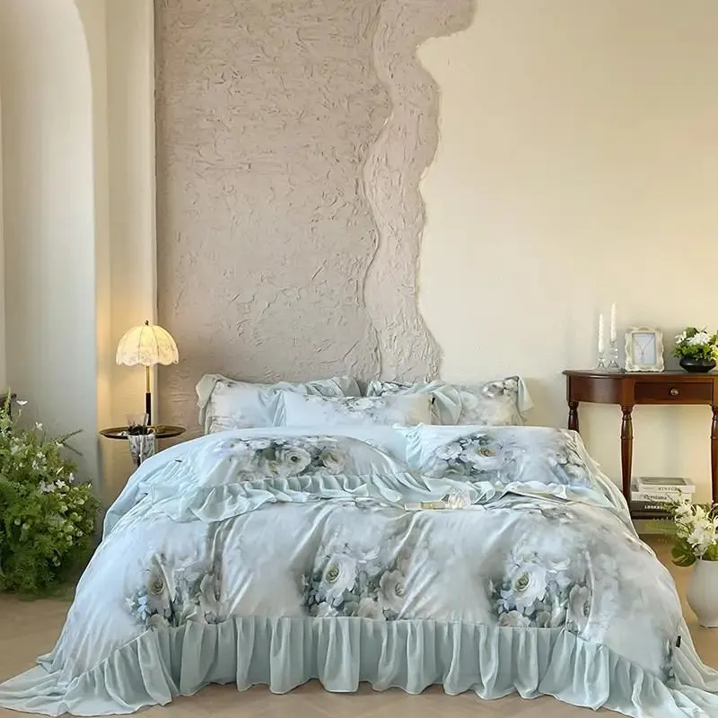 Trend4us Floral Watercolor Ruffled Bedding Set with Soft Pastel Tones