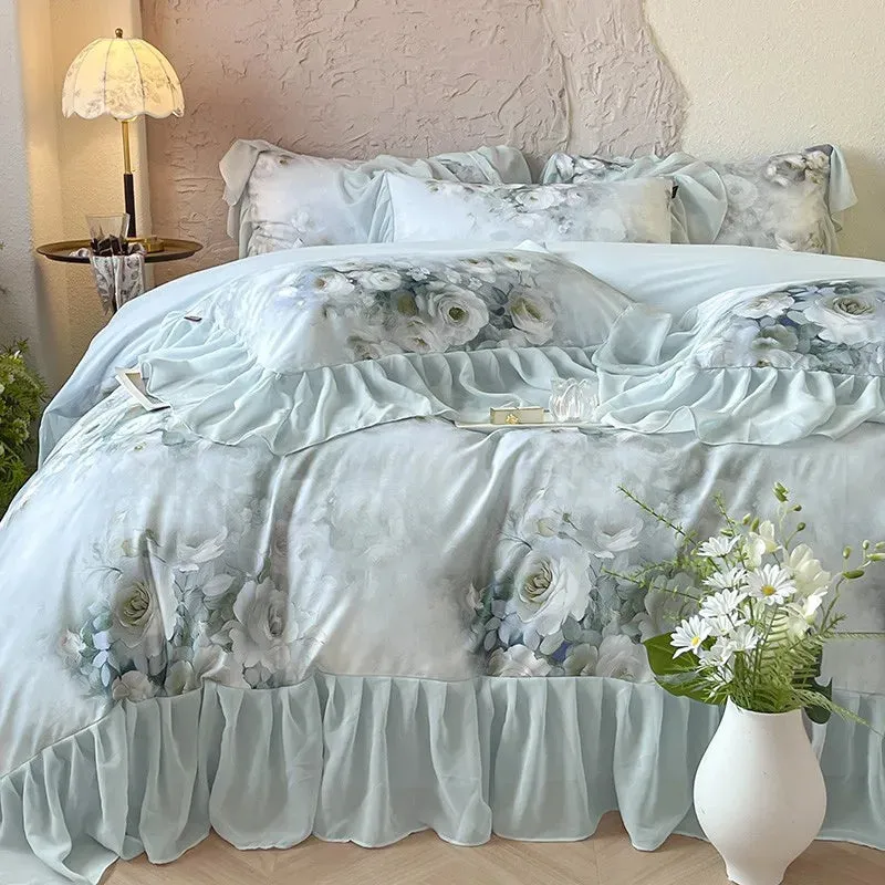 Trend4us Floral Watercolor Ruffled Bedding Set with Soft Pastel Tones