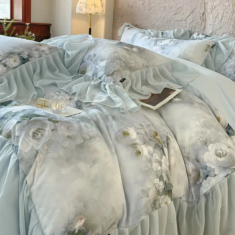 Trend4us Floral Watercolor Ruffled Bedding Set with Soft Pastel Tones