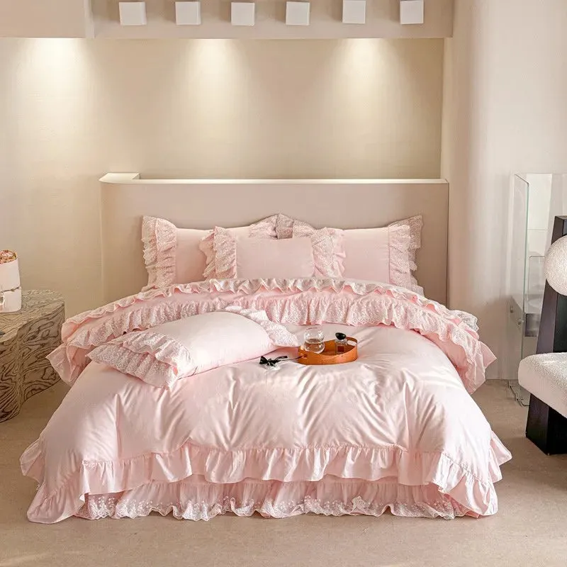 Trend4us Pink Bohemian Ruffle Lace Bedding Set