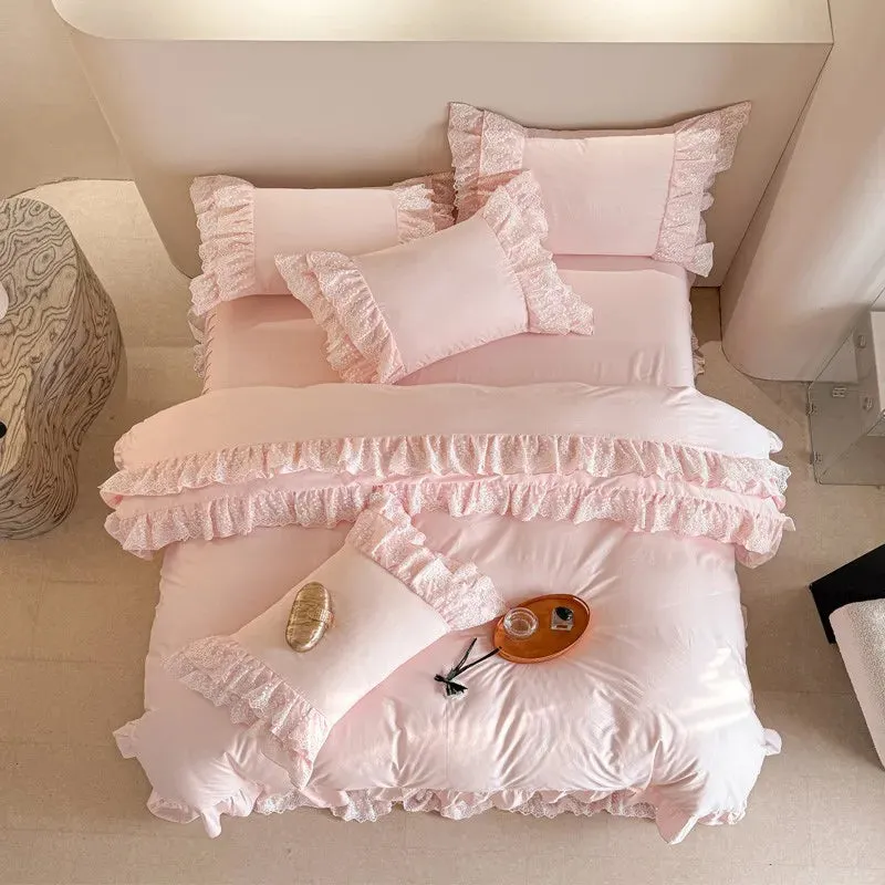 Trend4us Pink Bohemian Ruffle Lace Bedding Set