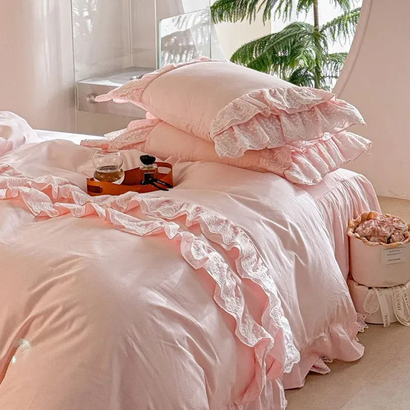 Trend4us Pink Bohemian Ruffle Lace Bedding Set