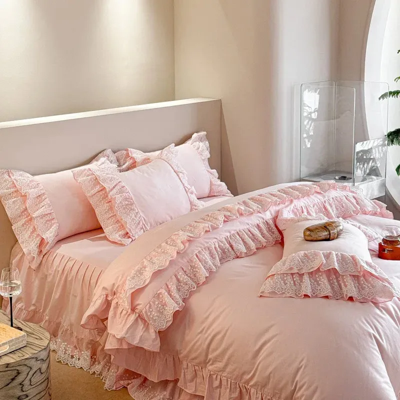 Trend4us Pink Bohemian Ruffle Lace Bedding Set