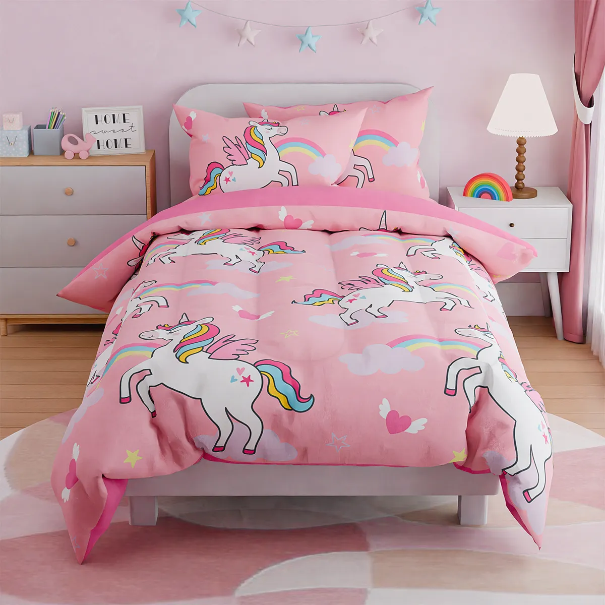 Unicorns Bedding Full Set for Girls Kids Children, Ultra Soft Microfiber Comforter Set with 4-Pieces, Comforters Bed Sets Bedroom Decor