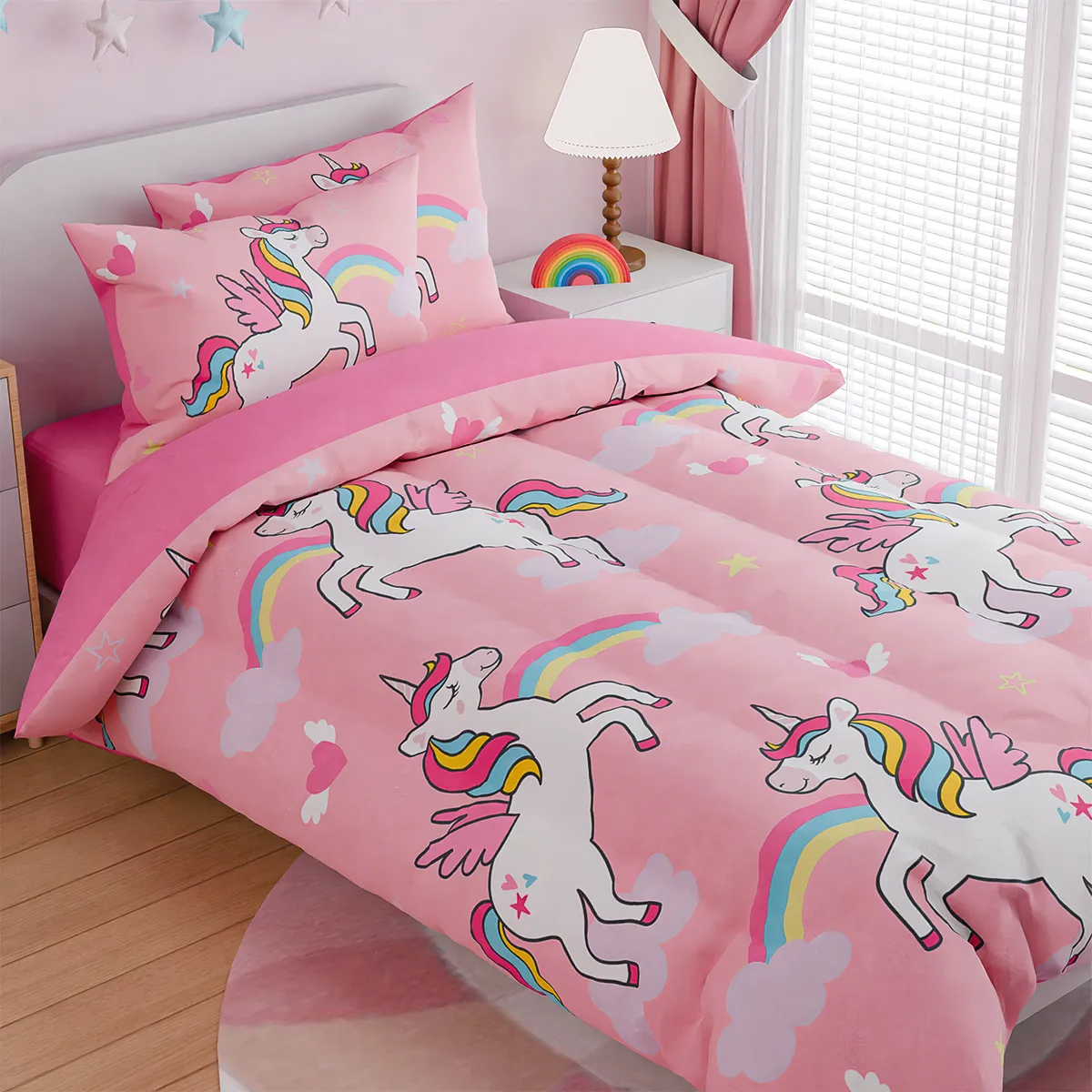 Unicorns Bedding Full Set for Girls Kids Children, Ultra Soft Microfiber Comforter Set with 4-Pieces, Comforters Bed Sets Bedroom Decor