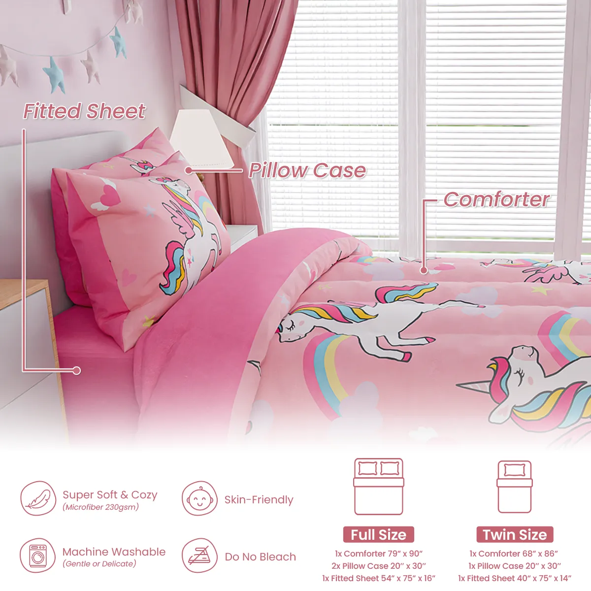 Unicorns Bedding Full Set for Girls Kids Children, Ultra Soft Microfiber Comforter Set with 4-Pieces, Comforters Bed Sets Bedroom Decor