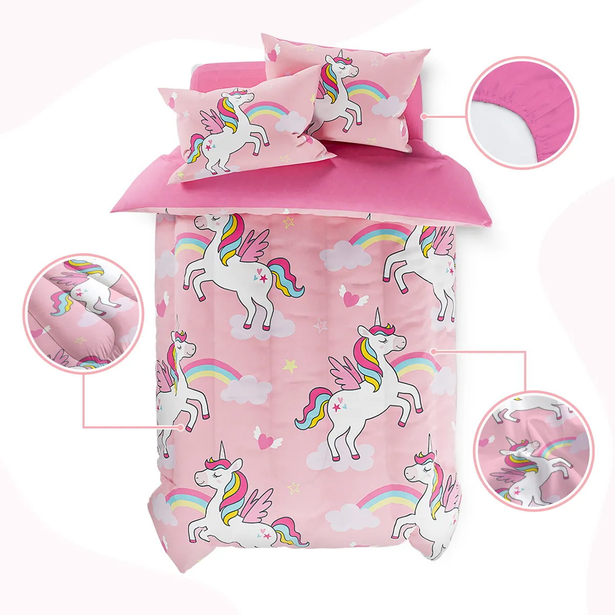 Unicorns Bedding Twin Set for Girls Kids Children, Ultra Soft Microfiber Comforter Set with 3-Pieces, Comforters Bed Sets Bedroom Decor