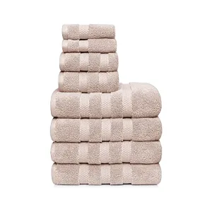 Vivendi 8-Piece Towel Set, 100% Cotton, Infinity Zero Twist (2 Bath Towels, 2 Hand Towels, 4 Wash Towels) Super Soft, Highly Absorbent Towels for Bathroom (Linen)