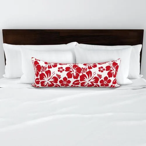 White and Red Hawaiian Flowers Extra Long Lumbar Throw Pillow